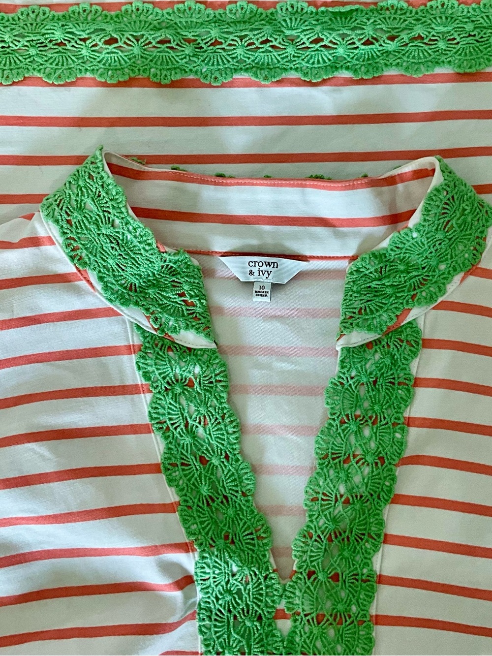 crown & ivy White and Coral Striped Top with Green Lace Trim